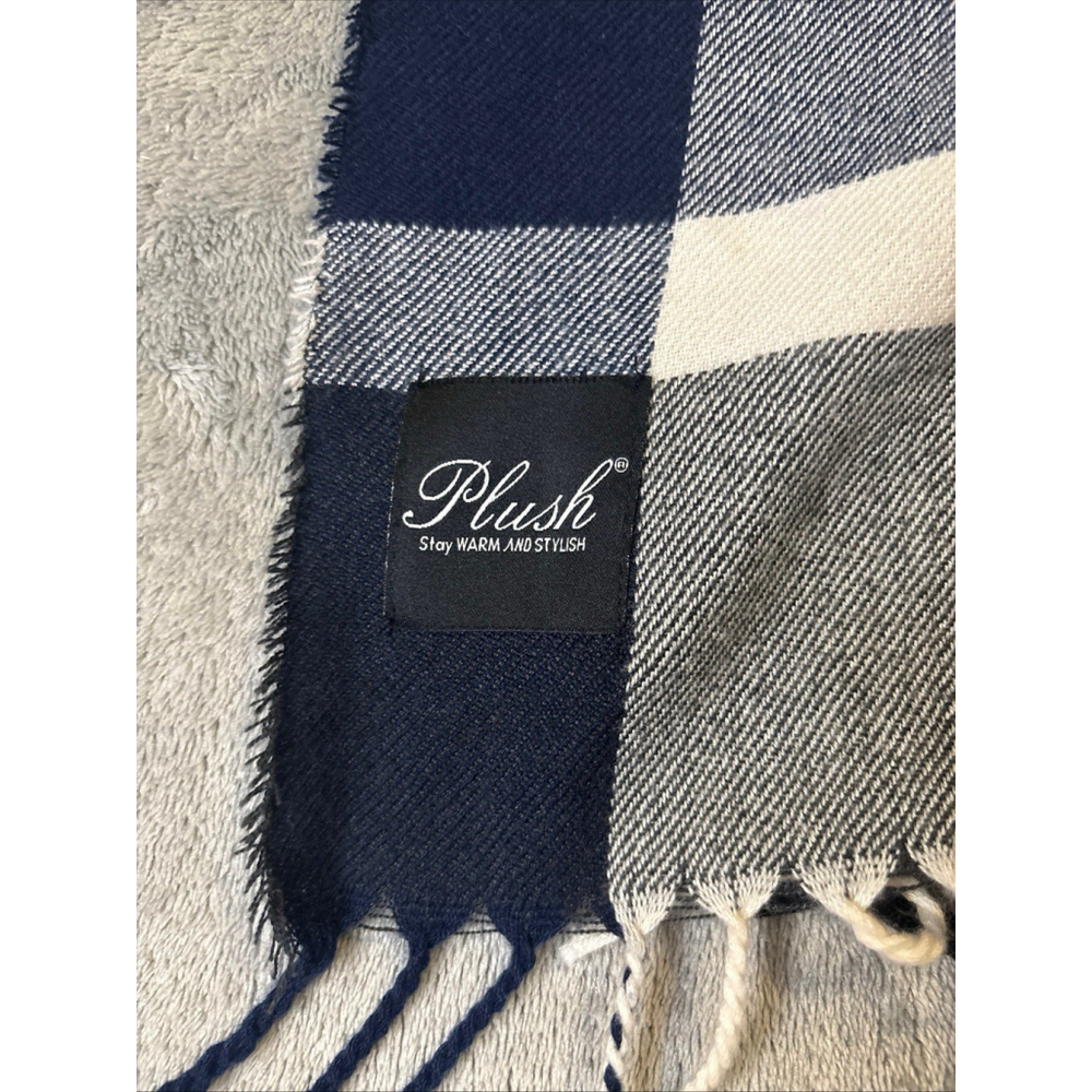 Plush Plaid Scarf Navy‎ Blue & Cream Checkered Fringe Stay Warm Stylish